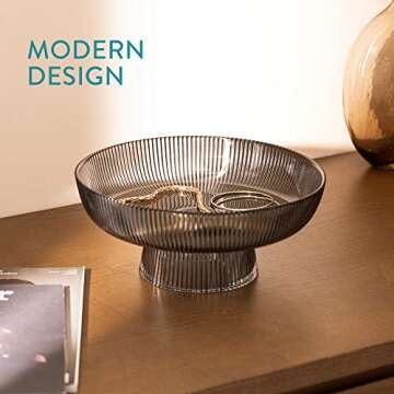 Navaris Glass Fruit Bowl - Decorative Fluted Colored Glass Bowl for Fruit Snacks Candy - 10.2" Diameter Table Centerpiece Dish - Black Tinted Glass