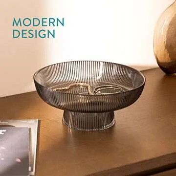 Navaris Glass Fruit Bowl - Decorative Fluted Colored Glass Bowl for Fruit Snacks Candy - 10.2" Diameter Table Centerpiece Dish - Black Tinted Glass