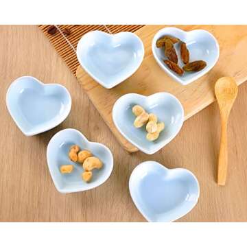 WHJY Blue Love Heart Shaped Ceramic Side Dish Bowl, Contemporary Porcelain Side Dishes Bowl, Seasoning Dishes Soy Dipping Sauce Dishes for Wedding Birthday Party- Set of 6