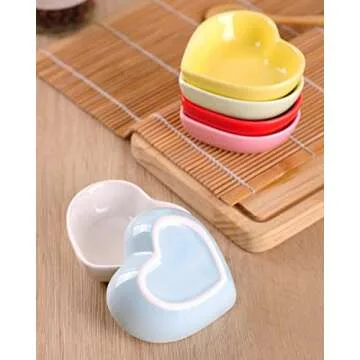 WHJY Blue Love Heart Shaped Ceramic Side Dish Bowl, Contemporary Porcelain Side Dishes Bowl, Seasoning Dishes Soy Dipping Sauce Dishes for Wedding Birthday Party- Set of 6