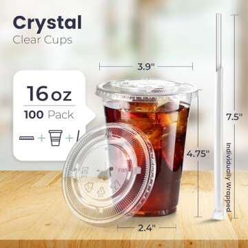 Fit Meal Prep 100 Pack 16 oz Plastic Iced Coffee Cups with Flat Lids and Clear Straws, Disposable Cl...
