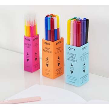 Omy Signature Double Tipped Ultrawashable Felt Markers, Box of 16, Easily Washable With Soap and Water, Bright Colors