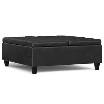 SIMPLIHOME Harrison 40 inch Wide Transitional Square Large Coffee Table Storage Ottoman in Distressed Black Vegan Faux Leather, Assembled, for The Living Room and Bedroom