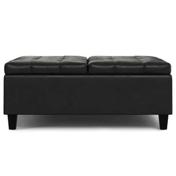 SIMPLIHOME Harrison 40 inch Wide Transitional Square Large Coffee Table Storage Ottoman in Distressed Black Vegan Faux Leather, Assembled, for The Living Room and Bedroom
