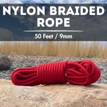 9mm Nylon Braided, 50 Foot, Multi-Purpose Camping Rope | Red (1 Pack)
