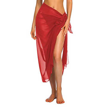 Ekouaer Swimsuit Cover Up Beach Wrap Skirt Swimwear Long Bikini Cover-ups Dress Sheer Sarong Red