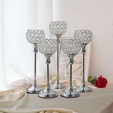 Silver Crystal Candle Holder,Tea Light Candlestick Holders for Wedding Table Decoration,Centerpiece for Party Home Decor(Silver,5Pcs)
