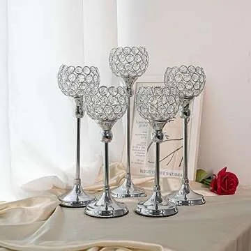 Silver Crystal Candle Holder,Tea Light Candlestick Holders for Wedding Table Decoration,Centerpiece for Party Home Decor(Silver,5Pcs)