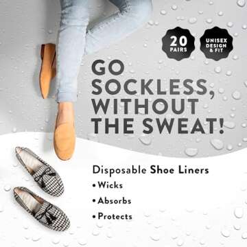 KIMEEZ FOOTPALM Disposable Shoe Liner for Sweaty Feet Pre-Cut No Show Sock Insert for Women & Men Moisture Wick No Slip No Stink Barefoot Shoe Insert Ultra Thin Shoe Insole 20 Pairs (US W7)