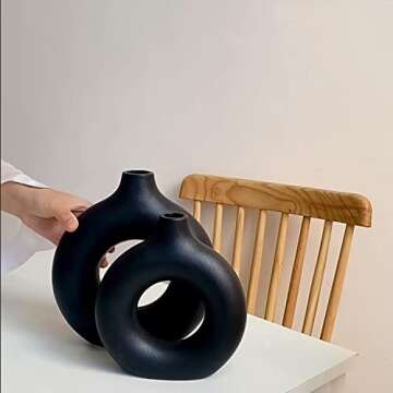 CEMABT Donut Vase Black Hollow Ceramic Vase for Flowers Handmade Minimalist Boho Style Decor for Wedding Dinner Table Party Living Room Office Bedroom