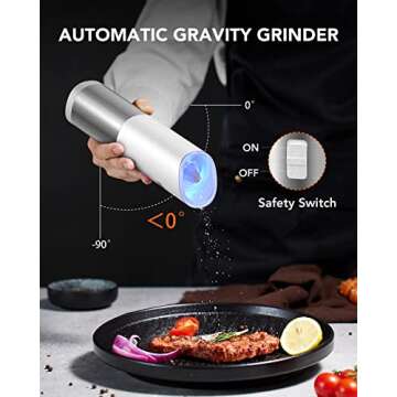 FORLIM Gravity Electric Salt and Pepper Grinder Set, Battery Operated, Adjustable Coarseness, with Blue LED Light, One Hand Automatic Operation, Stainless Steel, 2 Pack(Black+White)