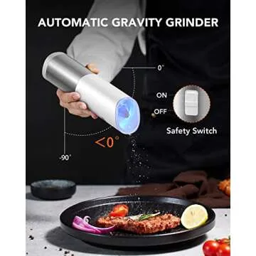 FORLIM Gravity Electric Salt and Pepper Grinder Set, Battery Operated, Adjustable Coarseness, with Blue LED Light, One Hand Automatic Operation, Stainless Steel, 2 Pack(Black+White)