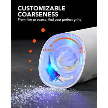FORLIM Gravity Electric Salt and Pepper Grinder Set, Battery Operated, Adjustable Coarseness, with Blue LED Light, One Hand Automatic Operation, Stainless Steel, 2 Pack(Black+White)