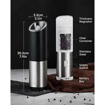 FORLIM Gravity Electric Salt and Pepper Grinder Set, Battery Operated, Adjustable Coarseness, with Blue LED Light, One Hand Automatic Operation, Stainless Steel, 2 Pack(Black+White)