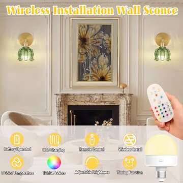 Battery Operated Wall Sconce with Remote Control,Vintage Wall Lamp with Flower lampshade,Rechargeabl...