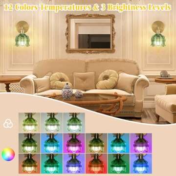 Battery Operated Wall Sconce with Remote Control,Vintage Wall Lamp with Flower lampshade,Rechargeable Battery Powered Wall Lights with 15 Colors for Beside Bedroom Living Room Doorway,Flower Green