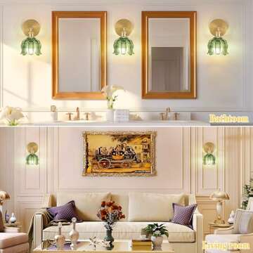 Battery Operated Wall Sconce with Remote Control,Vintage Wall Lamp with Flower lampshade,Rechargeable Battery Powered Wall Lights with 15 Colors for Beside Bedroom Living Room Doorway,Flower Green