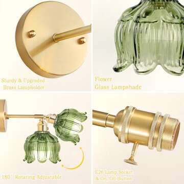 Battery Operated Wall Sconce with Remote Control,Vintage Wall Lamp with Flower lampshade,Rechargeable Battery Powered Wall Lights with 15 Colors for Beside Bedroom Living Room Doorway,Flower Green