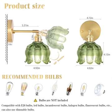 Battery Operated Wall Sconce with Remote Control,Vintage Wall Lamp with Flower lampshade,Rechargeable Battery Powered Wall Lights with 15 Colors for Beside Bedroom Living Room Doorway,Flower Green