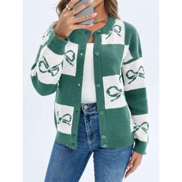Saodimallsu Womens Checkered Sweater Bow Color Block Plaid Cardigan Long Sleeve Button Open Front Kn...