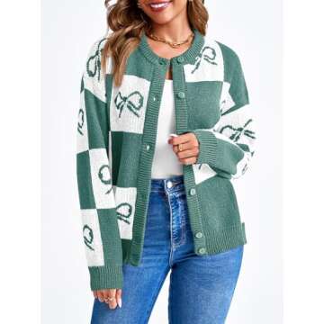 Saodimallsu Womens Checkered Sweater Bow Color Block Plaid Cardigan Long Sleeve Button Open Front Knit Coat Green