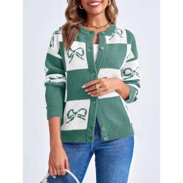 Saodimallsu Womens Checkered Sweater Bow Color Block Plaid Cardigan Long Sleeve Button Open Front Knit Coat Green