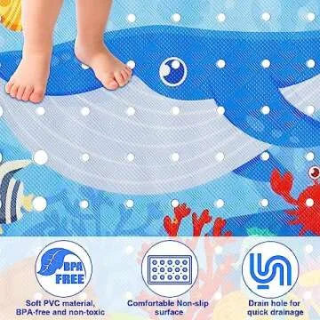 Baby Bath Mat for Tub for Kids, 40 X 16 Inch Extra Long Kids Bathtub Mat Non Slip, Cartoon Bath Tub Shower Mat Anti Slip with Drain Holes and Suction Cups Machine Washable (Whale + Dolphin)