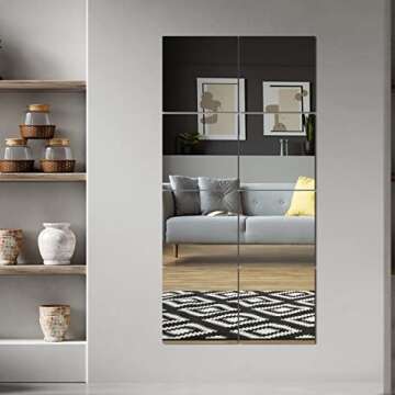 Full Length Mirror Tiles (Glass, 12''x12''x 4PCS), Large Full Body Wall Mirror for Door, Bedroom, Ho...