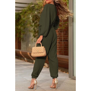 PRETTYGARDEN Women's Fall Jumpsuits Casual Dressy One Piece Outfits V Neck Long Sleeve Belt Pockets Long Pants Romper