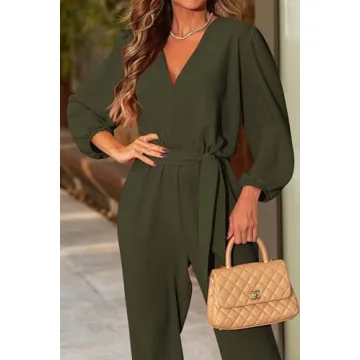 PRETTYGARDEN Women's Fall Jumpsuits Casual Dressy One Piece Outfits V Neck Long Sleeve Belt Pockets Long Pants Romper