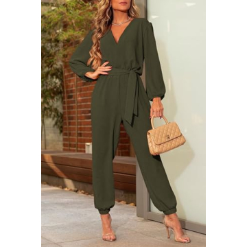 PRETTYGARDEN Women's Fall Jumpsuits Casual Dressy One Piece Outfits V Neck Long Sleeve Belt Pockets Long Pants Romper