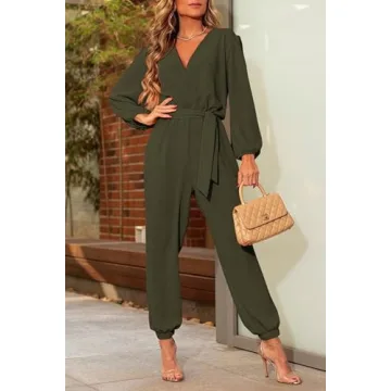 PRETTYGARDEN Women's Fall Jumpsuits Casual Dressy One Piece Outfits V Neck Long Sleeve Belt Pockets Long Pants Romper