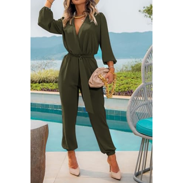 PRETTYGARDEN Women's Fall Jumpsuits Casual Dressy One Piece Outfits V Neck Long Sleeve Belt Pockets Long Pants Romper