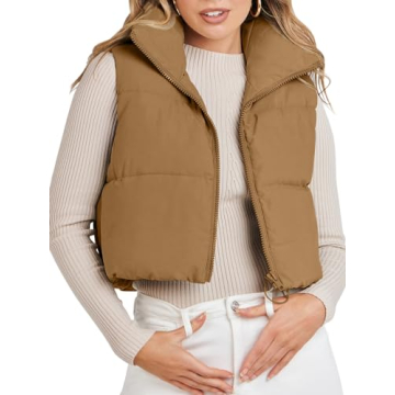 MEROKEETY Women's Crop Puffer Vest Lightweight Stand Collar Sleeveless Zip Up Padded Gilet Coat,Khak...