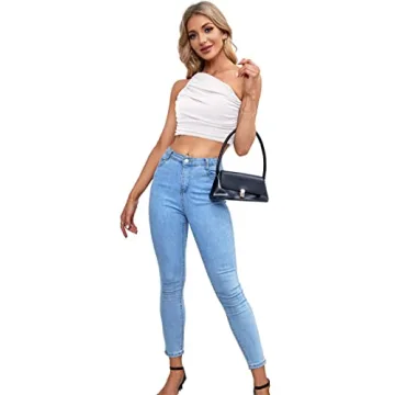 LYANER Women's Sexy Ruched One Shoulder Crop Top White