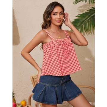 Burtell Women Cute Tie Front Plaid Crop Tank Tops Square Neck Sleeveless Gingham Camisole Tops Summe...