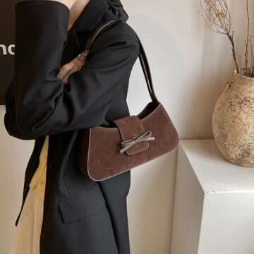 YFGBCX Suede Handbag for Women Suede Hobo Bag Y2k Shoulder Bag for Women Brown Bow Purse