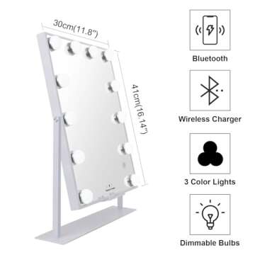 Fenair Hollywood Vanity Mirror with Lights Speaker and Wireless Charging Lighted Makeup Mirror with 12 LED Lights Upgrated Hollywood Mirror with Dimmable Lights