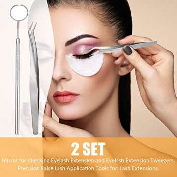 2 Sets Stainless Steel Mirror for Checking Eyelash Extension and Eyelash Extension Tweezers for Lashes, Precision False Lash Application Tools for Individual Eye Lash Extensions