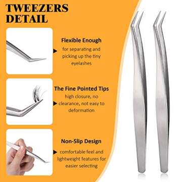 2 Sets Stainless Steel Mirror for Checking Eyelash Extension and Eyelash Extension Tweezers for Lashes, Precision False Lash Application Tools for Individual Eye Lash Extensions
