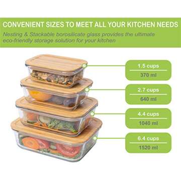 Tenzo Glass Food Storage Containers with Bamboo Lids - Eco Friendly Glass Meal Prep Container for Kitchen Food Storage with Airtight Eco Lids and Nesting Glass Food Containers (Set of 4)