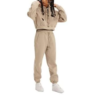 Eisctnd Women Fleece 2 Piece Tracksuits Fall Winter Sweatshirt Jogger Pants Matching Lounge Sets Thick Sweatsuits Pockets(Khaki-S)