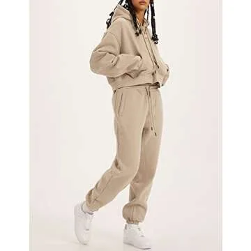 Eisctnd Women Fleece 2 Piece Tracksuits Fall Winter Sweatshirt Jogger Pants Matching Lounge Sets Thick Sweatsuits Pockets(Khaki-S)