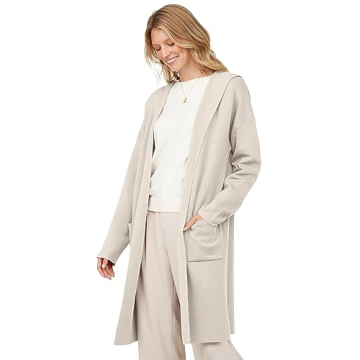 MEROKEETY Long Hooded Cardigan Sweaters for Women Oversized Open Front Coatigan Lady Jacket Coat Pockets, Apricot, Small