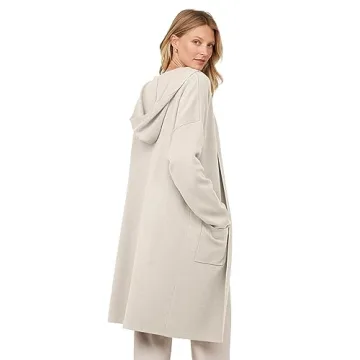 MEROKEETY Long Hooded Cardigan Sweaters for Women Oversized Open Front Coatigan Lady Jacket Coat Pockets, Apricot, Small