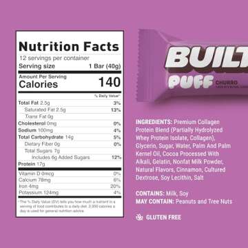 Built Bar, Puff Protein Bars, Churro Puff, 17g Protein Snacks, On-The-Go Bars, Only 140 Calories & 6g Sugar, Collagen, Gluten Free, 12 Count