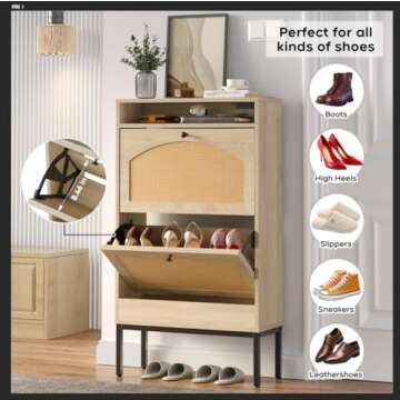 Wanttii Shoe Storage Cabinet, Freestanding Organizer with Rattan Doors, Narrow Shoe Rack Cabinet, Slim Hidden Cabinet for Entryway/Hallway (Natural, Small)