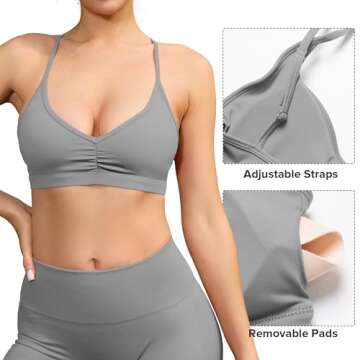 YEOREO Sports Bras for Women Workout Cross Back Gym Bra Padded Light Impact Strappy Yoga Crop Top Light Grey M