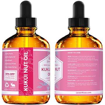 Leven Rose Kukui Nut Oil 4 oz – Cold-Pressed and Unrefined Hair & Face Moisturizer with Dropper – Unscented Pure Face Oil for Women and Men – Nourishing & Moisturizing for All Skin Types