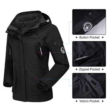 CAMEL CROWN Womens Waterproof Ski Jacket 3-in-1 Windbreaker Winter Coat Fleece Inner for Rain Snow Outdoor Hiking Black
